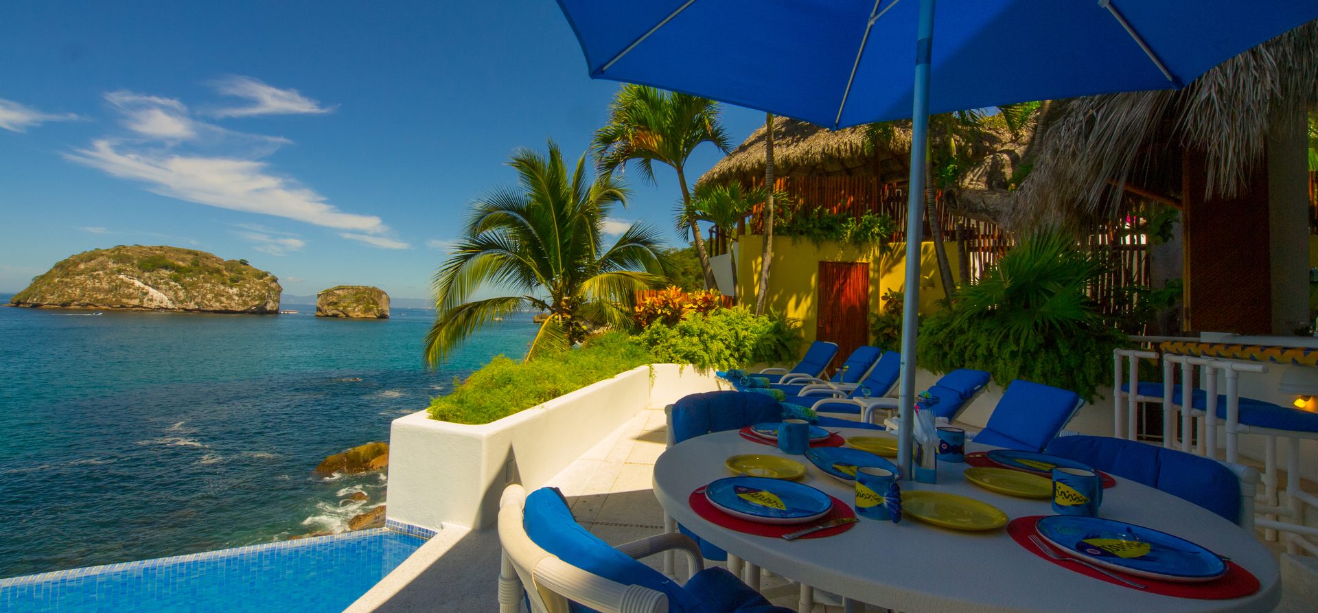Scenic seaside patio with palm trees