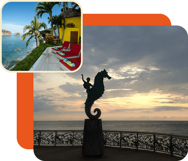 Sunset view with a seahorse statue by the ocean and a tropical poolside scene.
