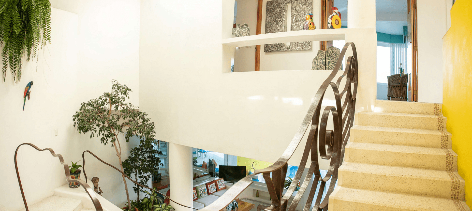 Modern staircase with indoor plants