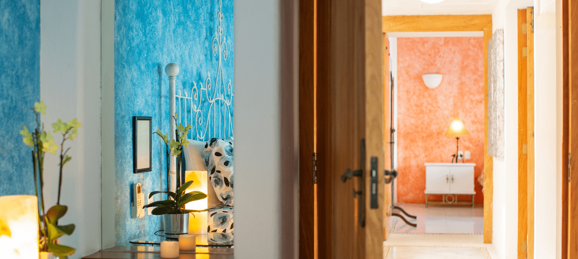 Brightly lit corridor with decorative plants