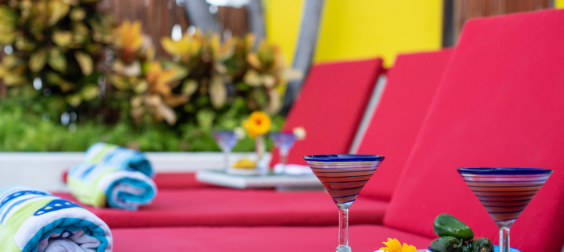 Relaxing poolside setup with vibrant decor